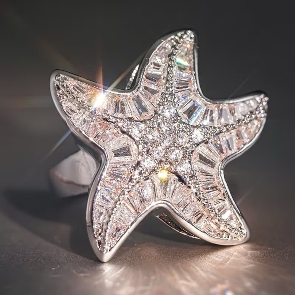 Silver Starfish Statement Ring Baguette Zirconia Nautical Beach Jewelry Size 8
